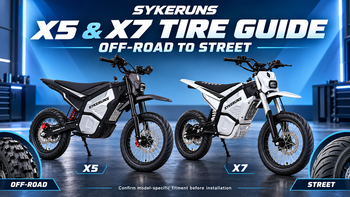 SYKERUNS X5 and X7 electric dirt bikes shown with street tires, alongside a comparison of off-road and street tire tread patterns.