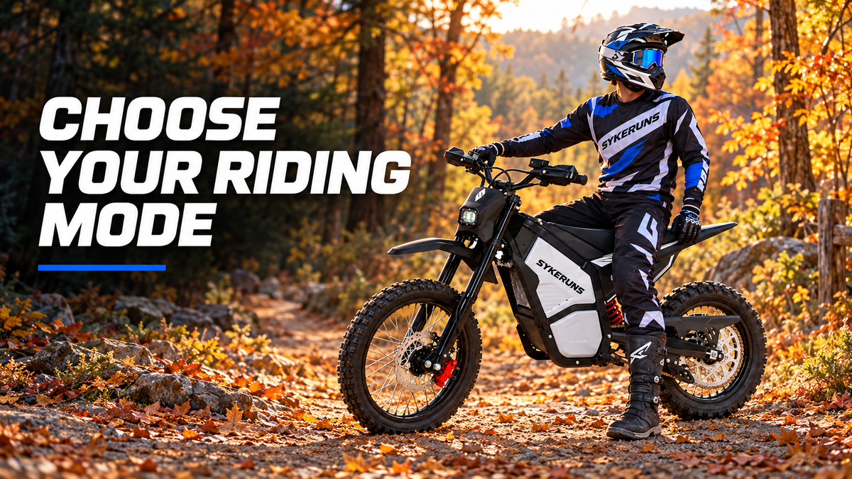 Helmeted rider seated on a black and silver SYKERUNS X5 on an autumn forest trail, beside the text Choose Your Riding Mode.