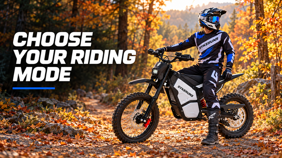 Helmeted rider seated on a black and silver SYKERUNS X5 on an autumn forest trail, beside the text Choose Your Riding Mode.