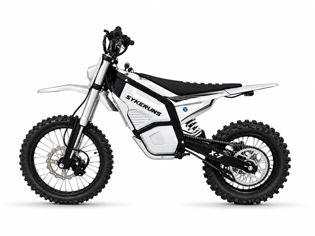Silver-white SYKERUNS X7 electric dirt bike viewed from the left on a white background