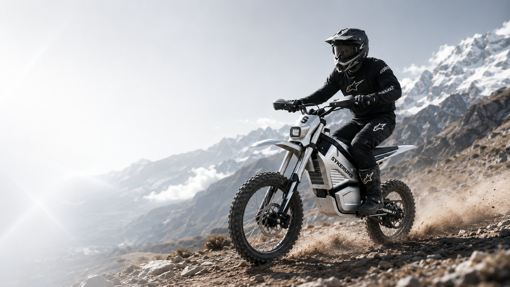 SYKERUNS X7 electric dirt bike riding on mountain trail