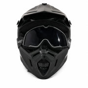 Front view of black SYKERUNS off-road helmet with smoke-lens goggles on a white background