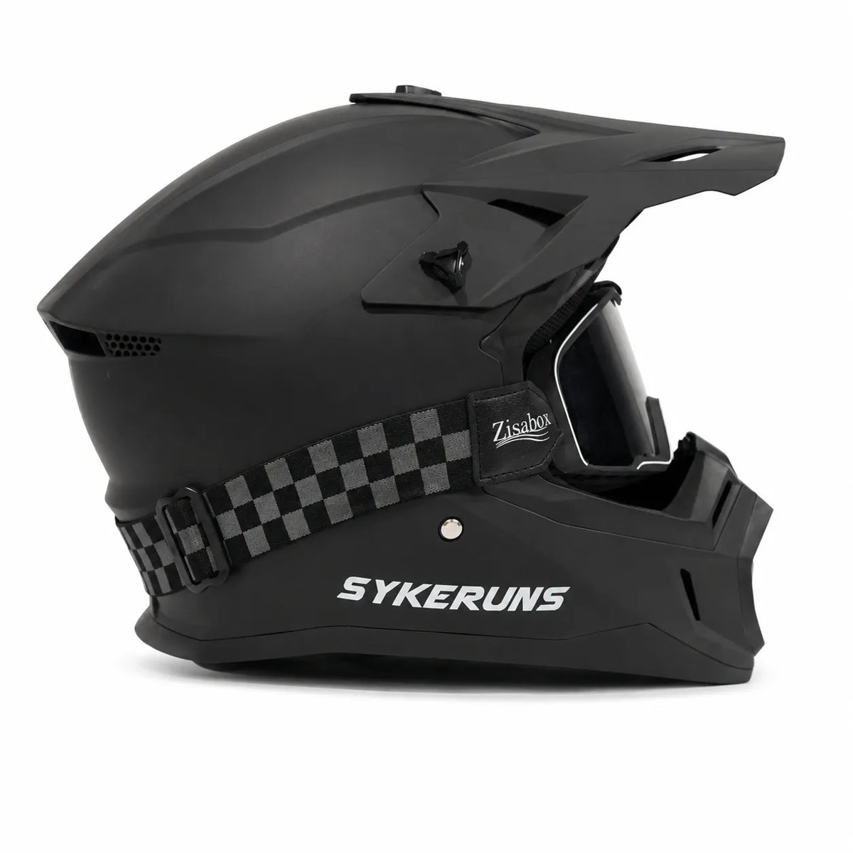 Side view of black SYKERUNS off-road helmet on a white background
