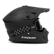 Side view of black SYKERUNS off-road helmet on a white background