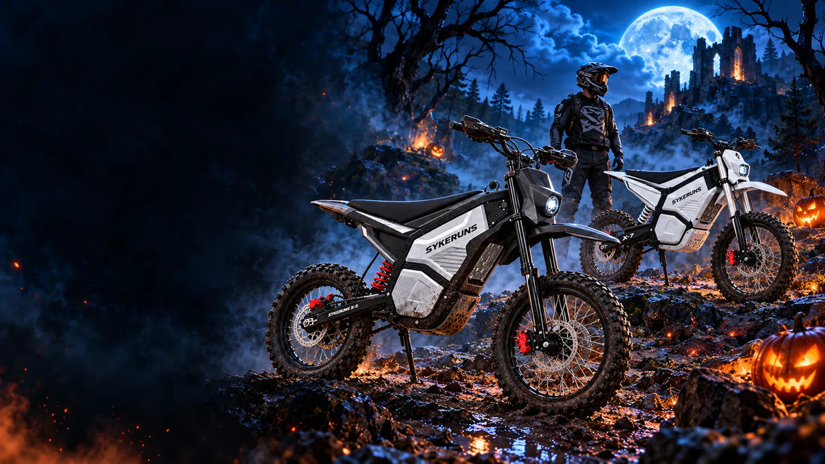 SYKERUNS X5 and X7 electric dirt bikes in a moonlit Halloween forest