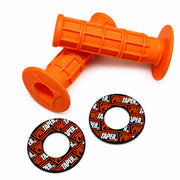 Orange SYKERUNS electric dirt bike handlebar grip set with matching PROTAPER grip donuts on a white background