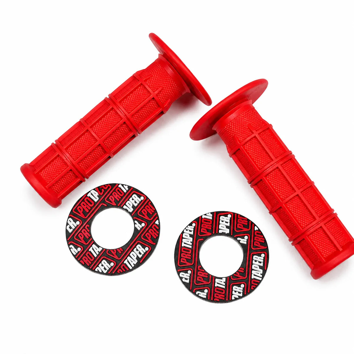 Red SYKERUNS electric dirt bike handlebar grip set with matching PROTAPER grip donuts on a white background