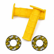 Yellow SYKERUNS electric dirt bike handlebar grip set with matching PROTAPER grip donuts on a white background