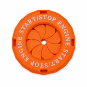 Orange SYKERUNS electric dirt bike ignition switch cover with START/STOP ENGINE lettering on a white background