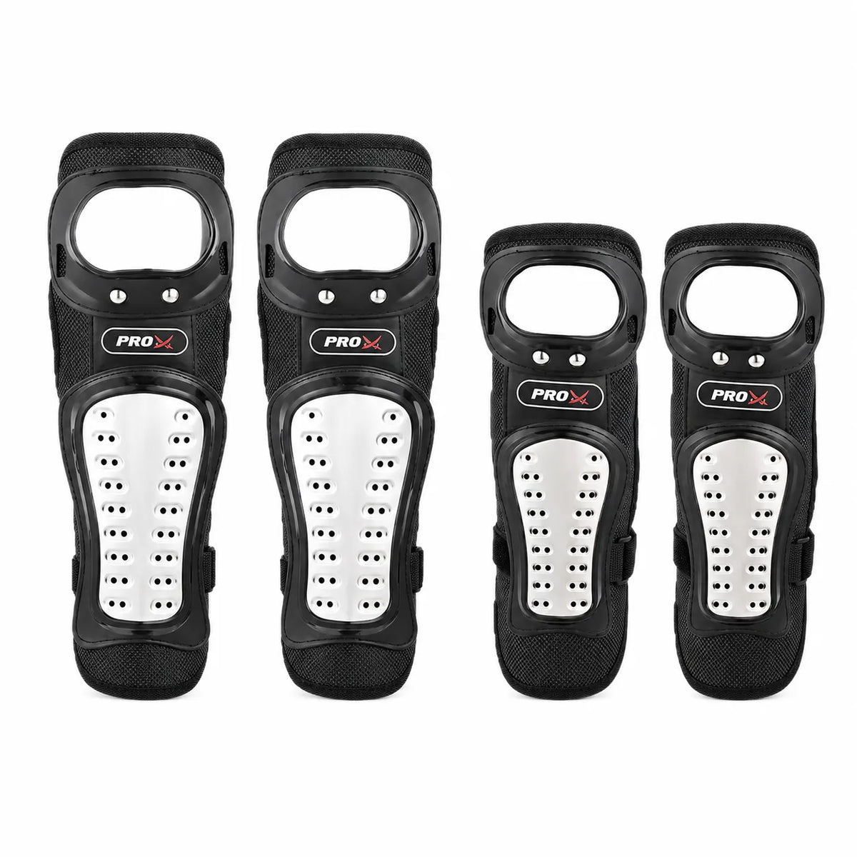 Black and silver knee and elbow protective gear set with four pieces on a white background