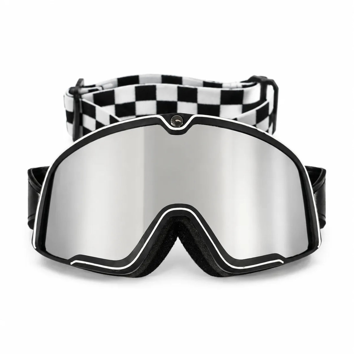 Off-road riding goggles with silver mirrored lens and checkered strap on a white background
