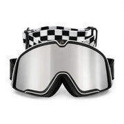 Off-road riding goggles with silver mirrored lens and checkered strap on a white background