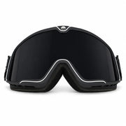 Off-road riding goggles with smoke lens and black frame on a white background