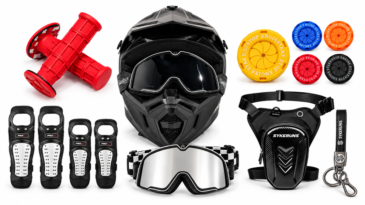 Six-piece SYKERUNS complimentary rider accessory pack with helmet, goggles, grips, ignition cover, pads, waist bag and keychain