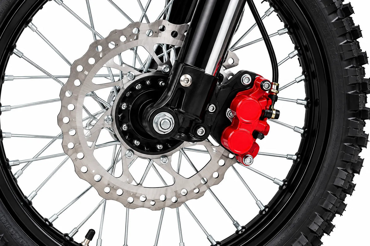 SYKERUNS X5 front hydraulic disc brake with red caliper and silver rotor