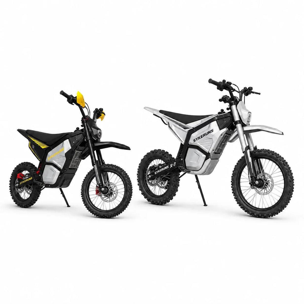 SYKERUNS X5 and X7 electric dirt bike bundle displayed side by side
