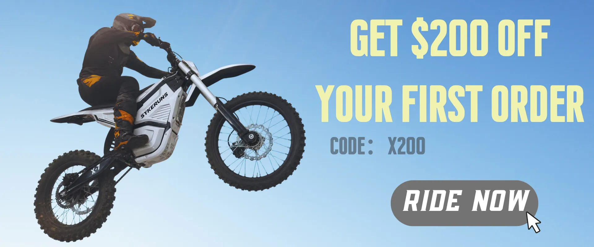 Shop the SYKERUNS X7 electric dirt bike and get $200 off your first order with code X200